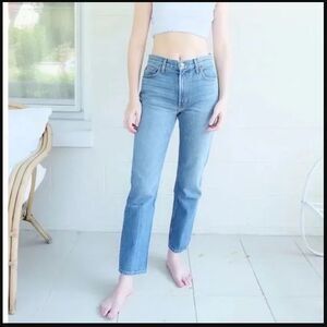 B Sides Arts Mid High Straight Jeans 26 Light Blue 100% Cotton Whiskering Fading